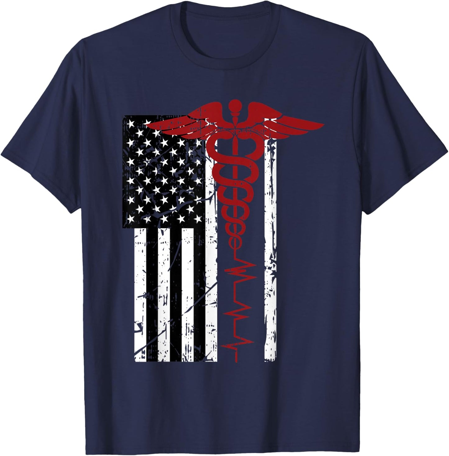 USA Flag Medical Symbol Black Patriotic Caduceus Nurse Gift T-Shirt - T-Shirt | Navy
