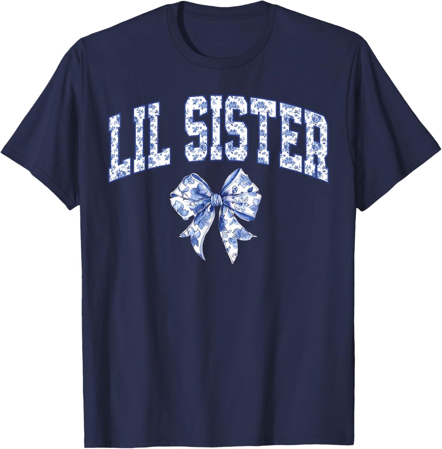 Lil Sister Coquette Toile Blue Bow Floral Family Matching T-Shirt - T-Shirt | Navy
