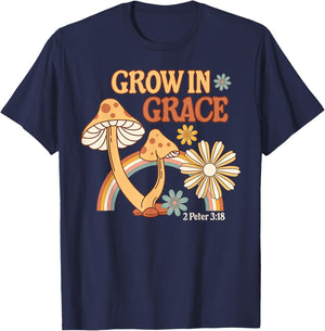 Retro Grow In Grace Mushroom Flower Christian Bible Verse T-Shirt - T-Shirt | Navy