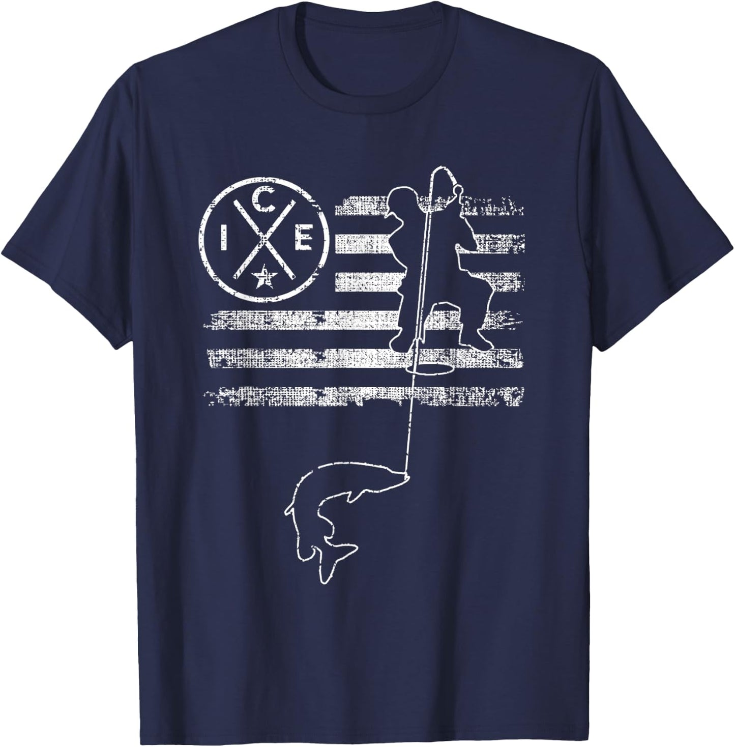 American Flag Ice Fishing Women Kids Men T-Shirt - T-Shirt | Navy