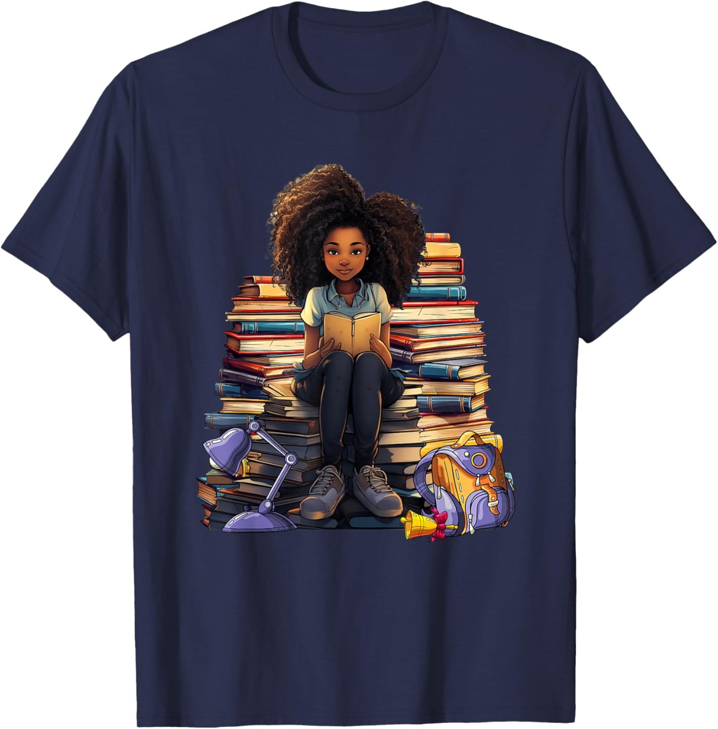 Back To School Afro Melanin Girl Reading Book Bookworm T-Shirt - T-Shirt | Navy