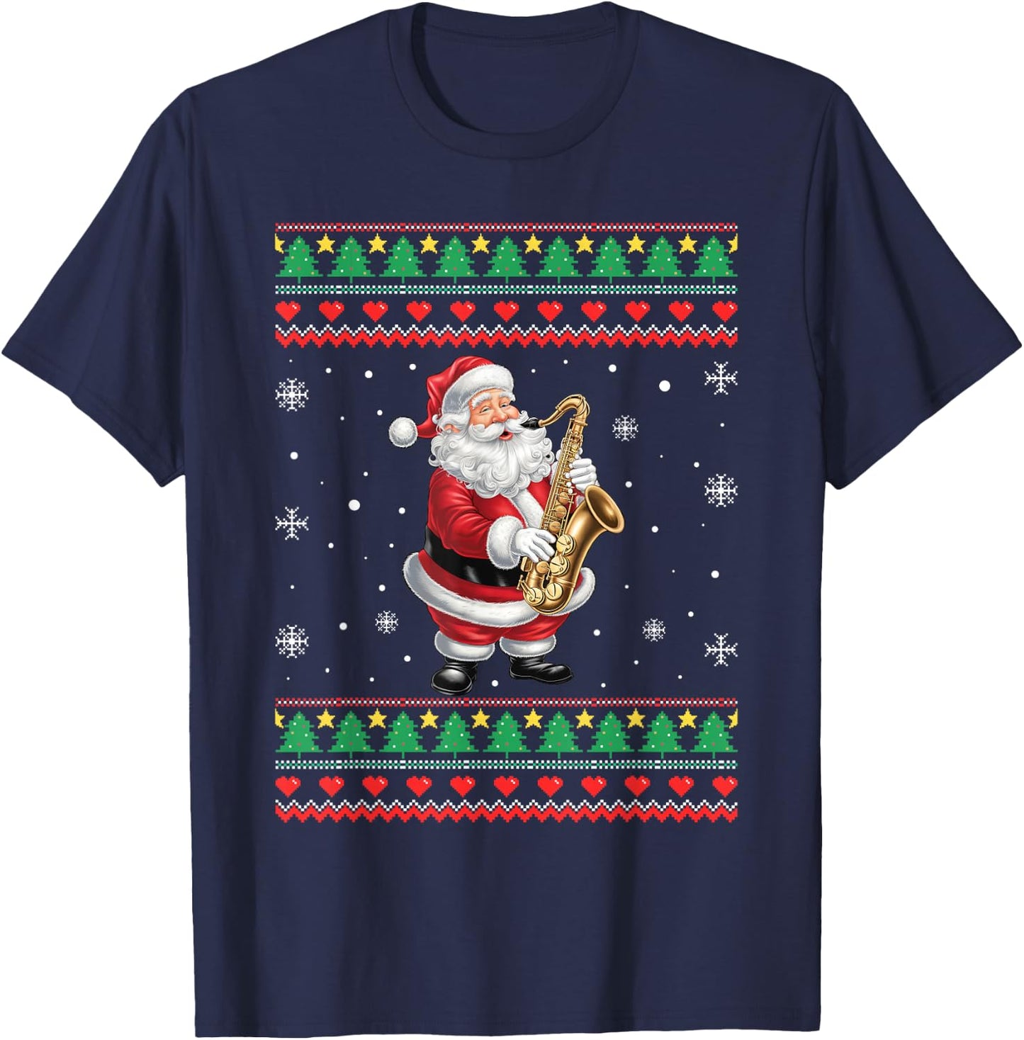 Funny Christmas Santa Saxophone Musician Ugly Xmas Men Women T-Shirt - T-Shirt | Navy