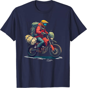 Adventure Motorcycle Rider with Camping Gear T-Shirt - T-Shirt | Navy