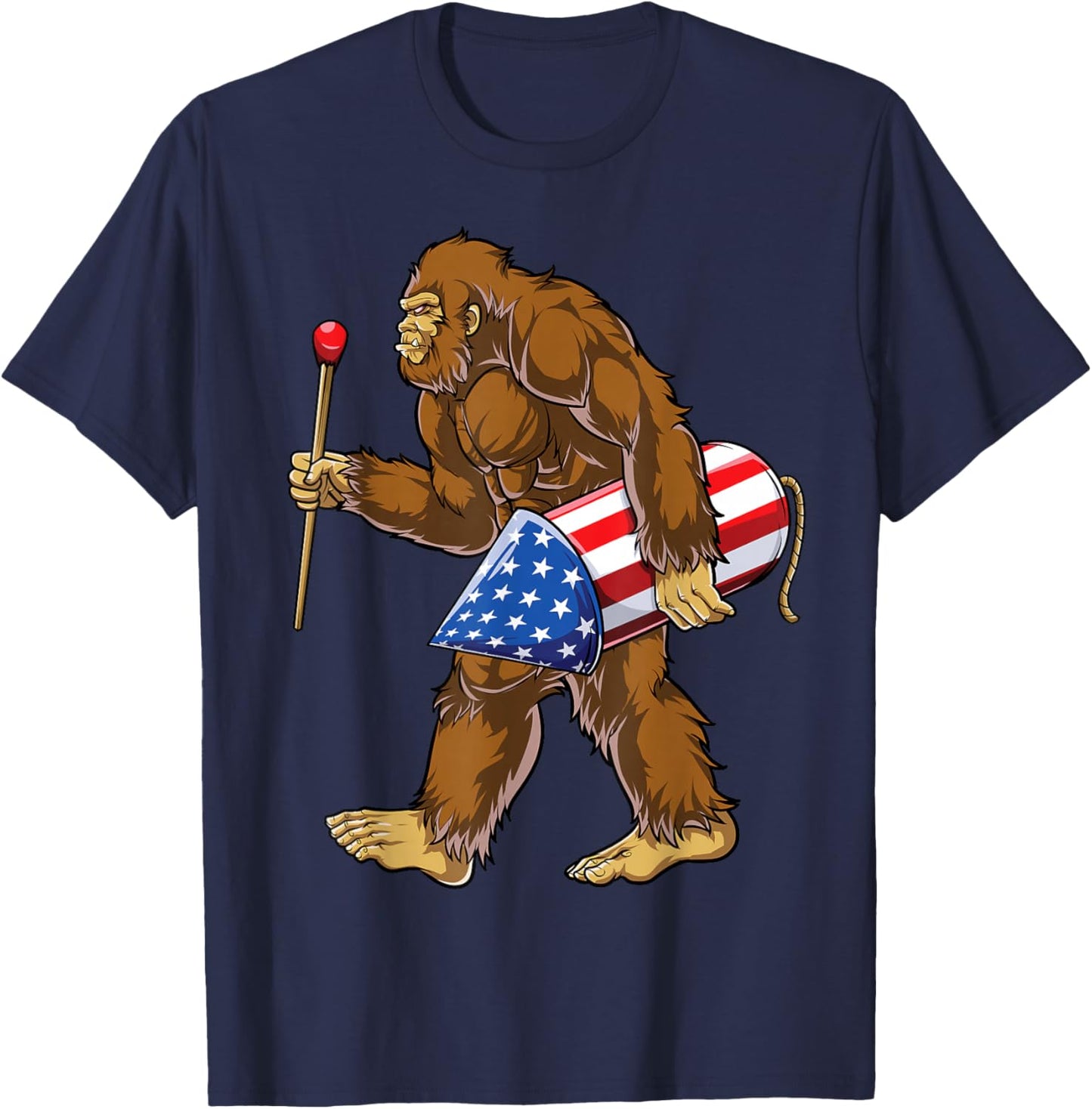 Bigfoot Fireworks 4th of July Men Sasquatch American Flag US T-Shirt - T-Shirt | Navy