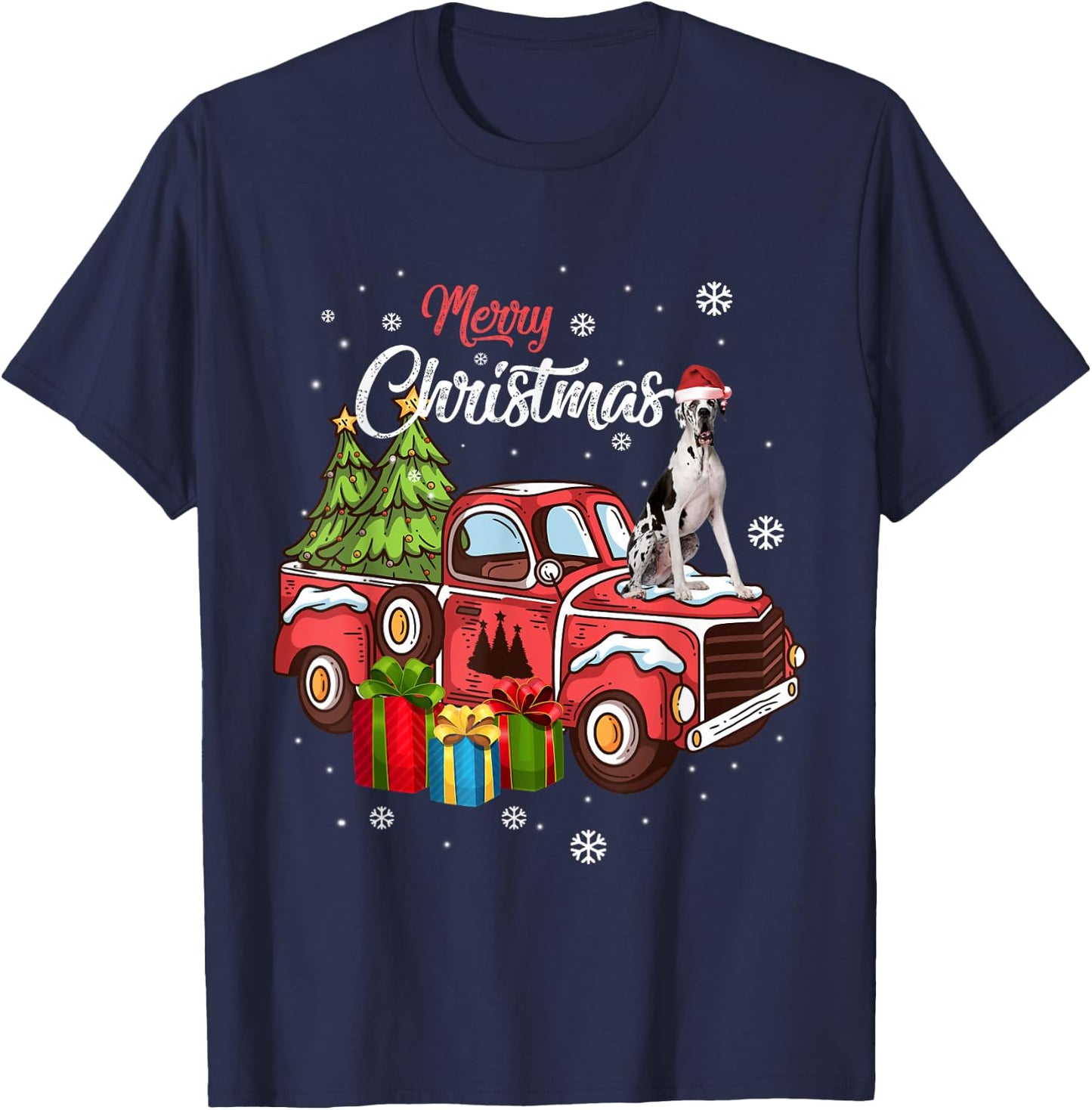 Great Dane Riding Red Truck Xmas Merry Christmas T-Shirt - T-Shirt | Navy