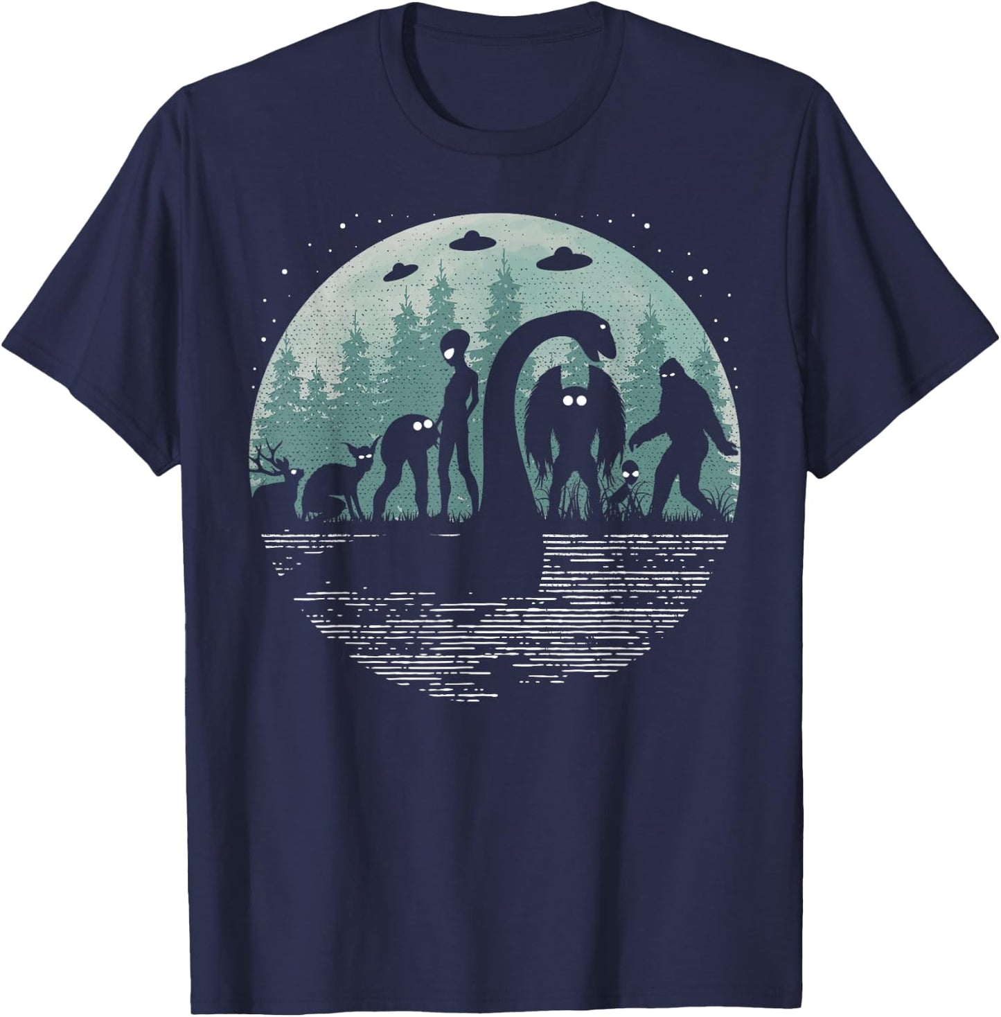 Bigfoot Loch Ness Monster With Mothman Aliens! Funny Cryptid T-Shirt - T-Shirt | Navy