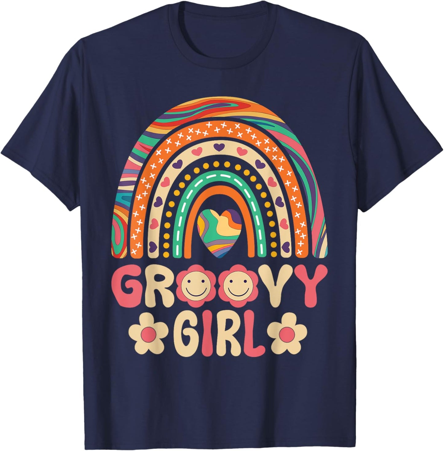 Groovy Girl 60s Theme Costume Cute 70s Outfit Rainbow Hippie T-Shirt - T-Shirt | Navy