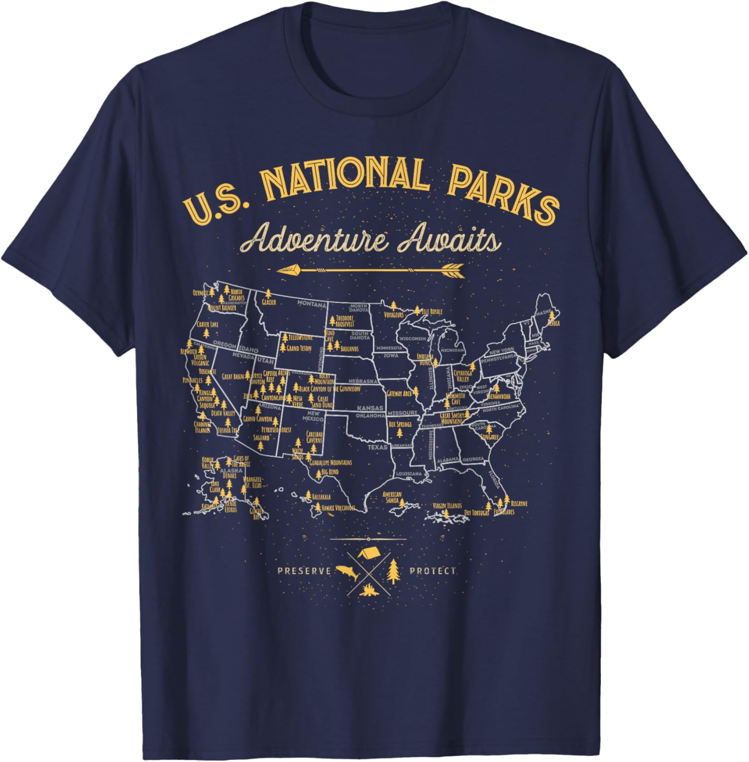 62 National Parks Map Gifts US Park Vintage Camping Hiking T-Shirt - T-Shirt | Navy