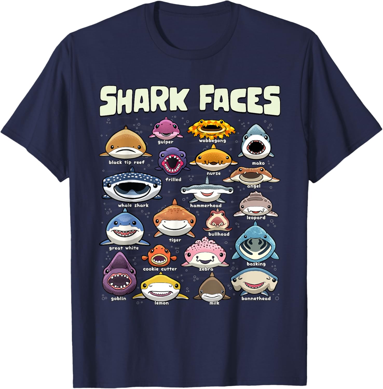 Types of Shark Faces Sea Animals of the World Shark Lover T-Shirt - T-Shirt | Navy