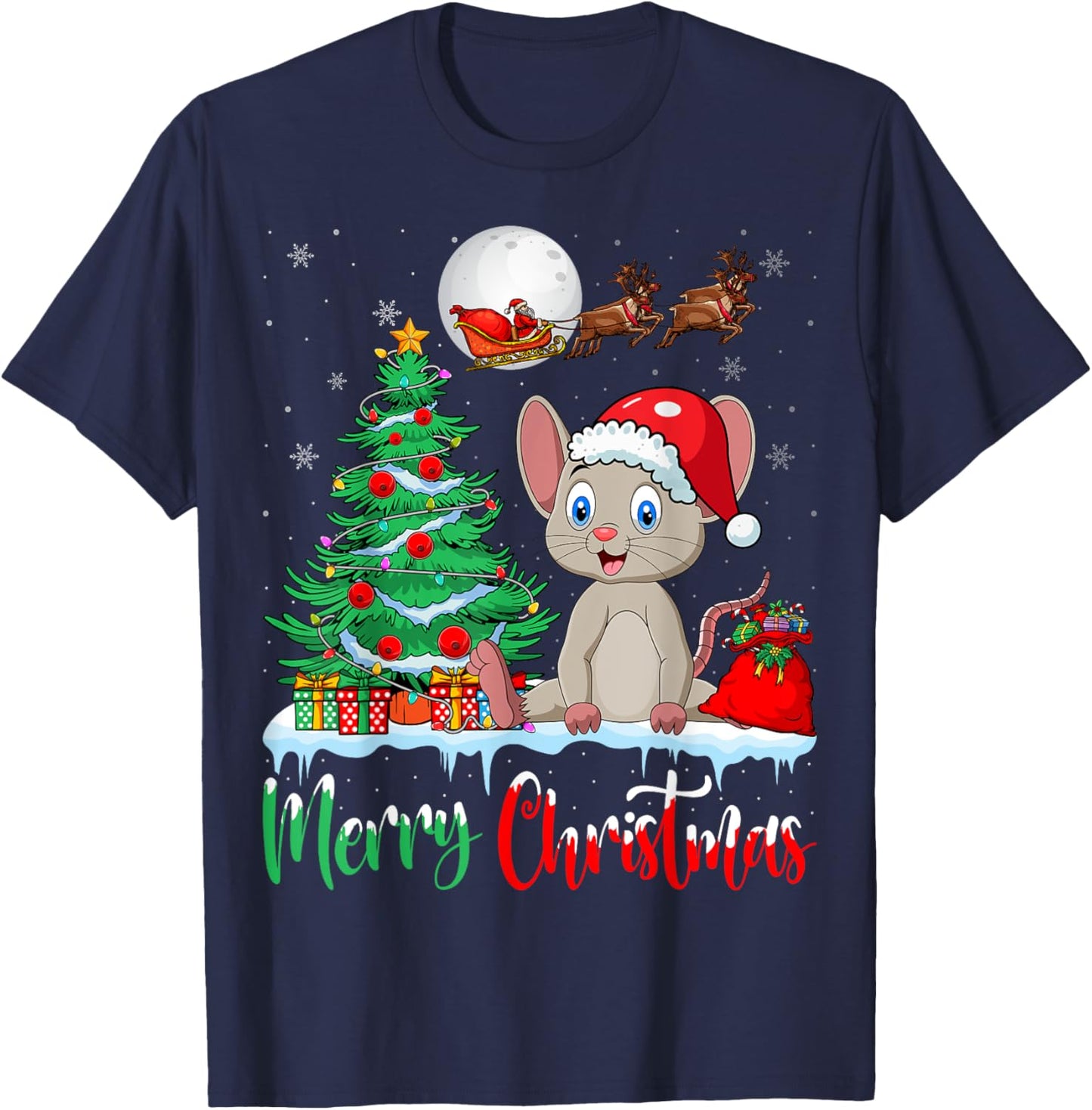Mouse Wearing Santa Hat Xmas - Merry Christmas Mouse T-Shirt - T-Shirt | Navy