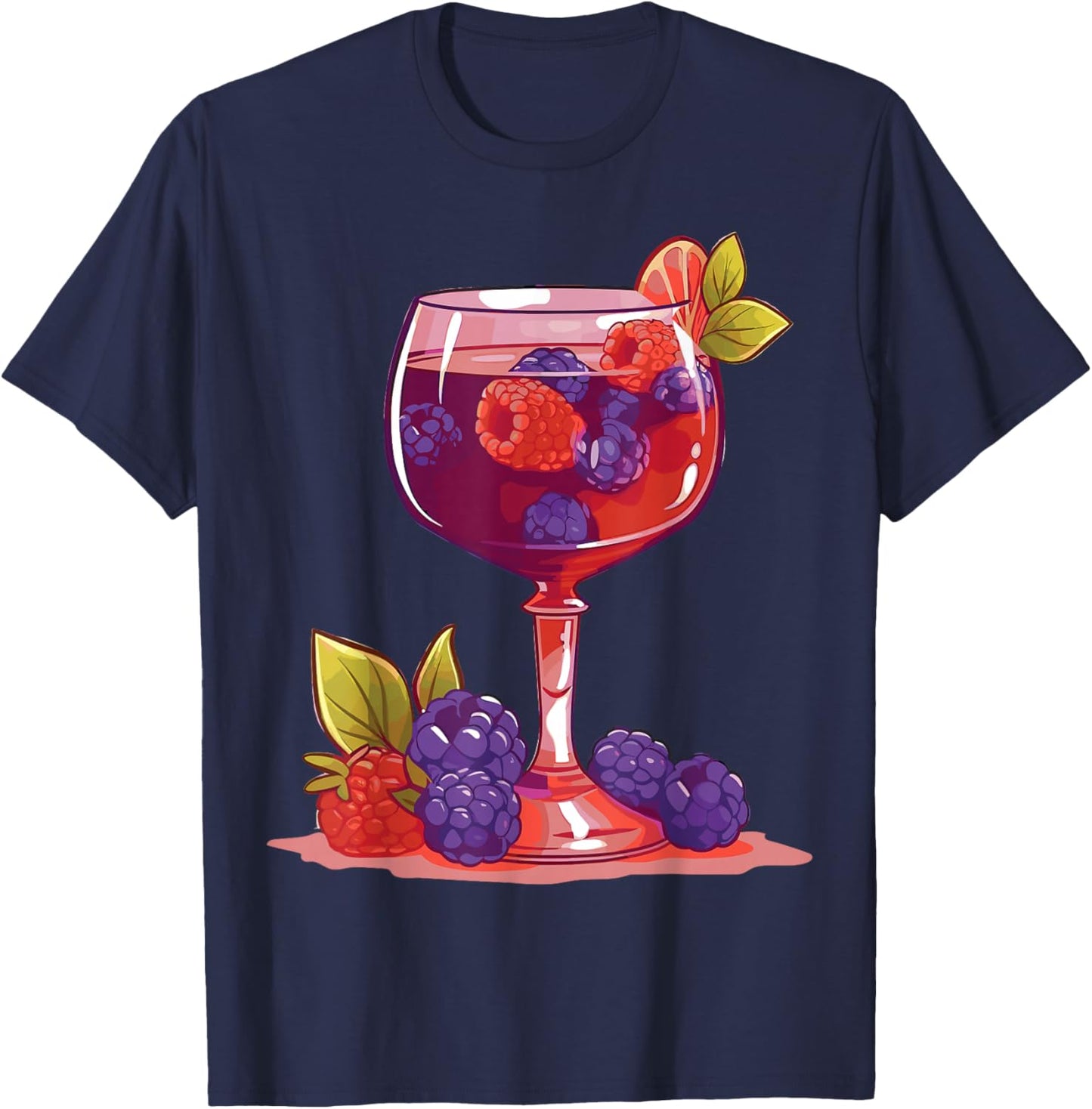 Glass of Wine and Berries Drinking Lover Design T-Shirt - T-Shirt | Navy