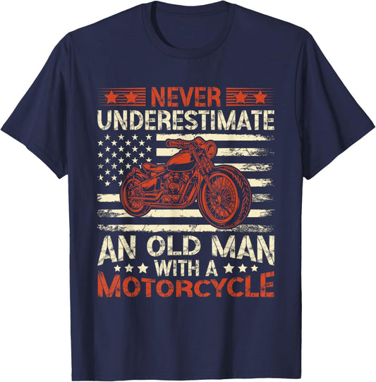 Never Underestimate An Old Man With A Motorcycle USA Flag T-Shirt - T-Shirt | Navy