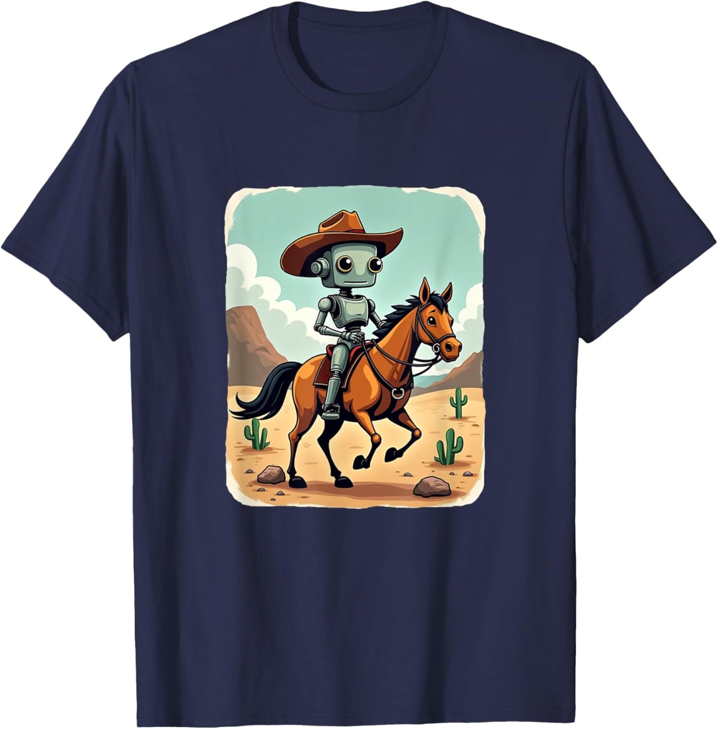 Funny Robot Cowboy Riding Horse Futuristic Western Theme T-Shirt - T-Shirt | Navy