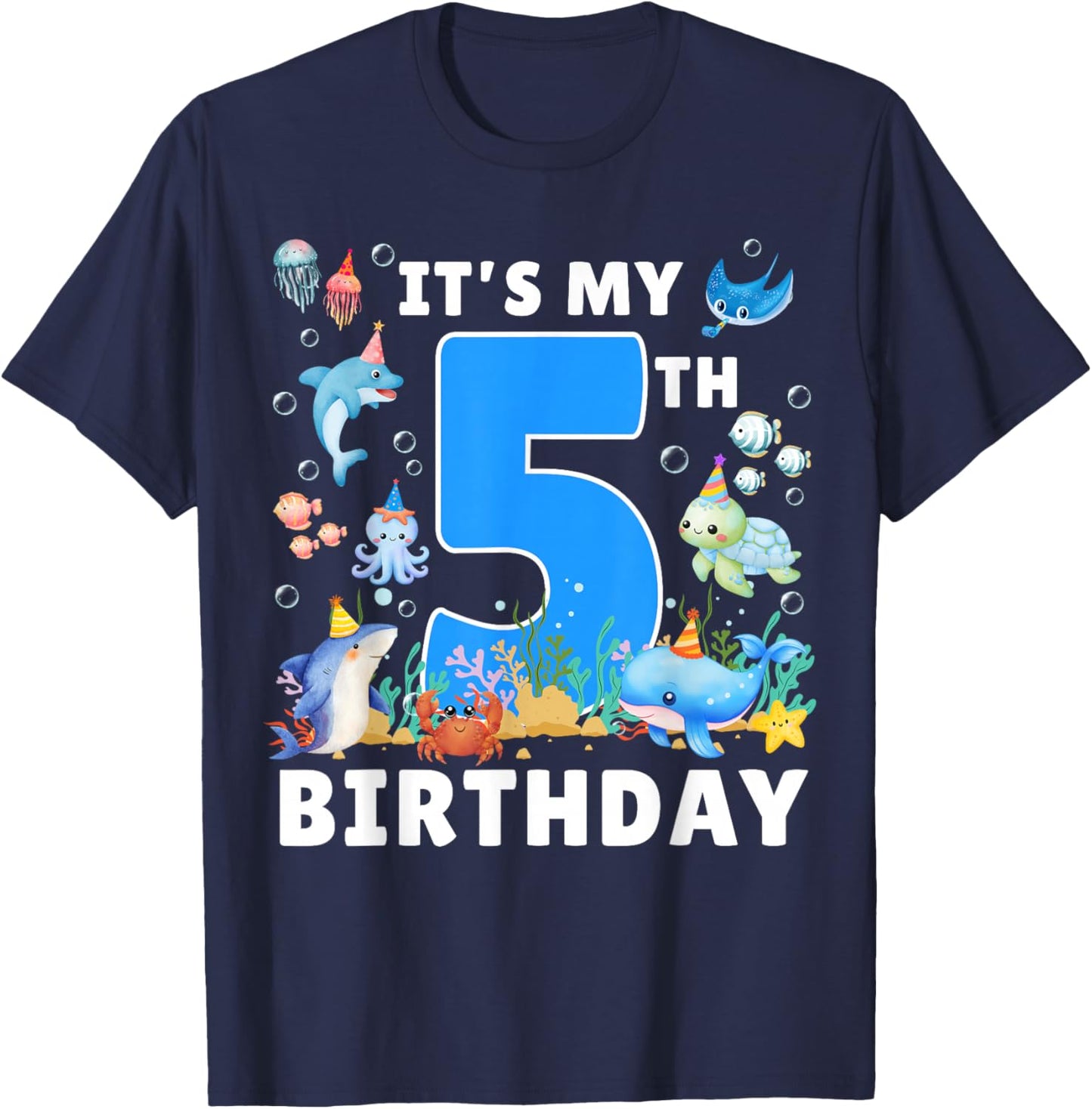 5th Birthday Under The Sea 5 Years Old Ocean Party Theme T-Shirt - T-Shirt | Navy