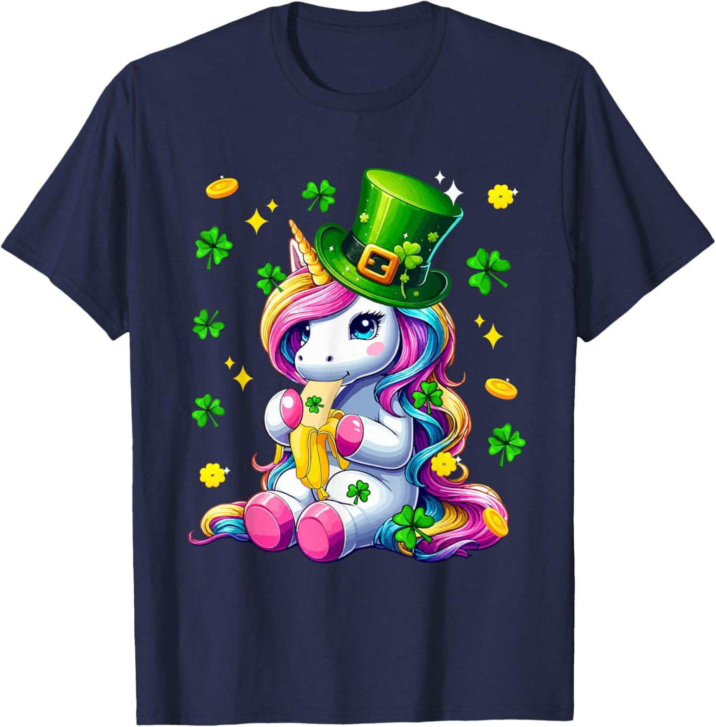 Colorful Unicorn Eating Banana St. Patrick's Day Shamrocks T-Shirt - T-Shirt | Navy