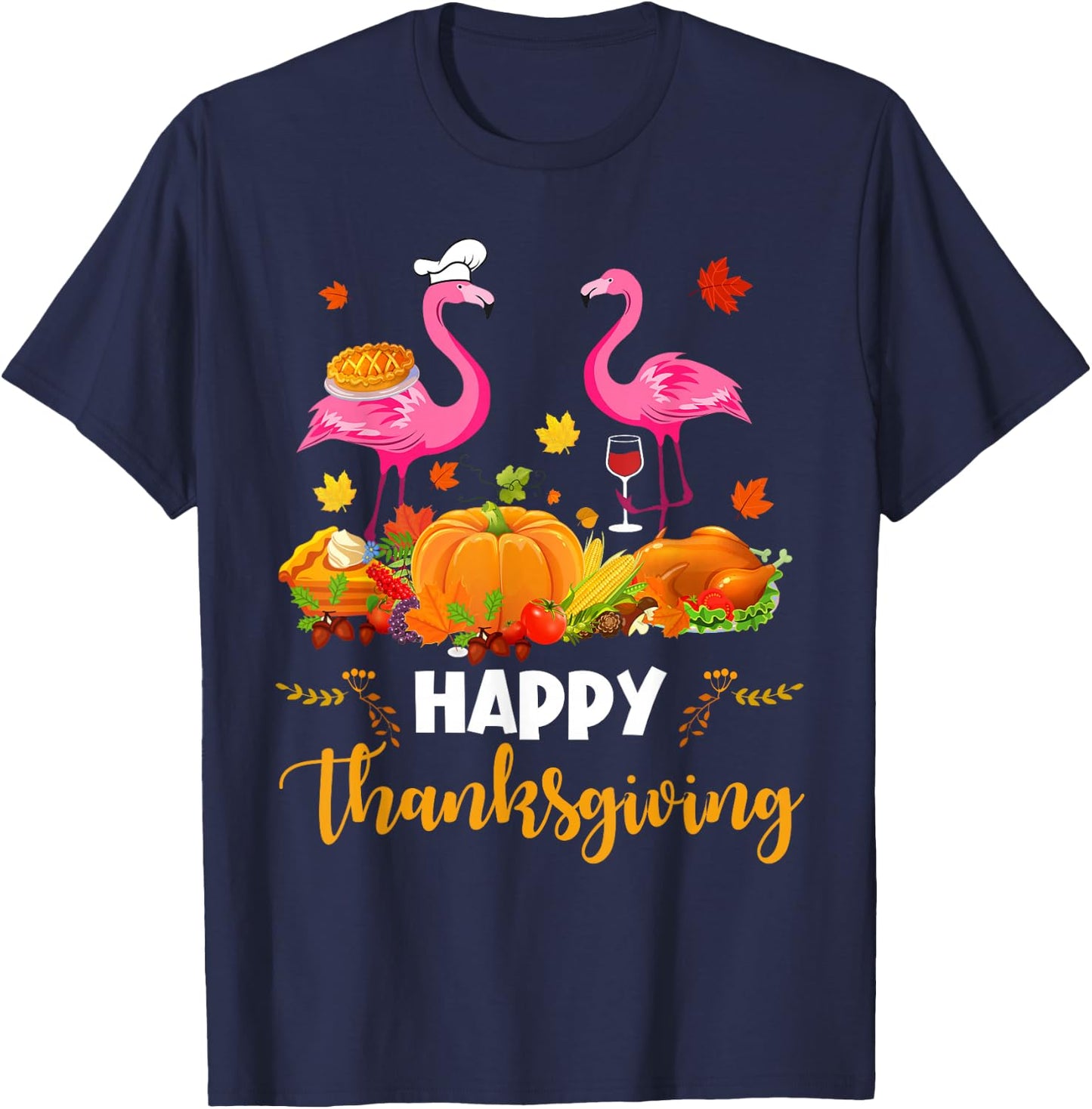 Cool Happy Thanksgiving Flamingo Drinking Wine Lover Gifts T-Shirt - T-Shirt | Navy