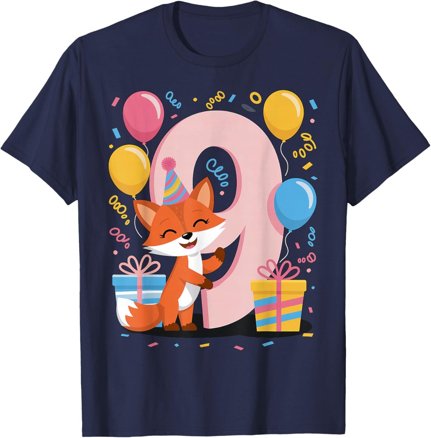 Fox 9th birthday for boy girl 9 years old ninth nine Fox T-Shirt - T-Shirt | Navy