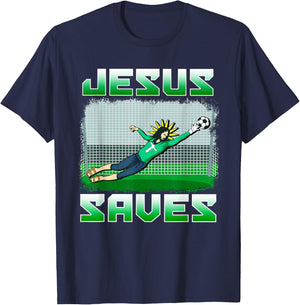 Funny Christian Soccer Jesus Saves Goalie T-Shirt - T-Shirt | Navy