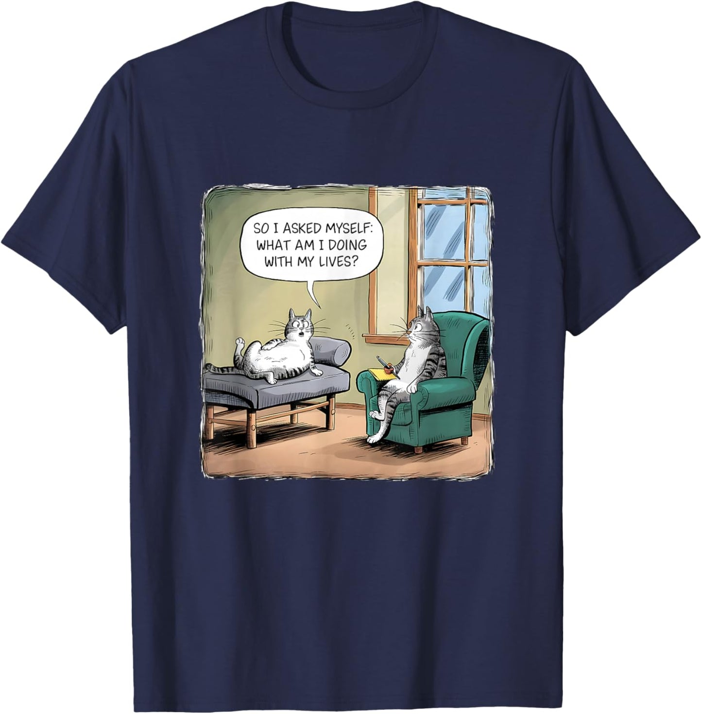 What Am I Doing With My Lives - Funny Midlife Crisis Cat T-Shirt - T-Shirt | Navy