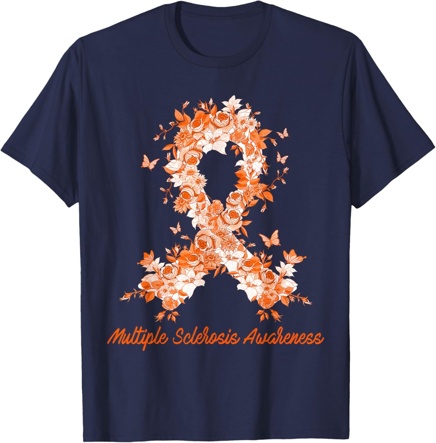 Multiple Sclerosis Awareness Butterfly Floral Flowers Orange T-Shirt - T-Shirt | Navy