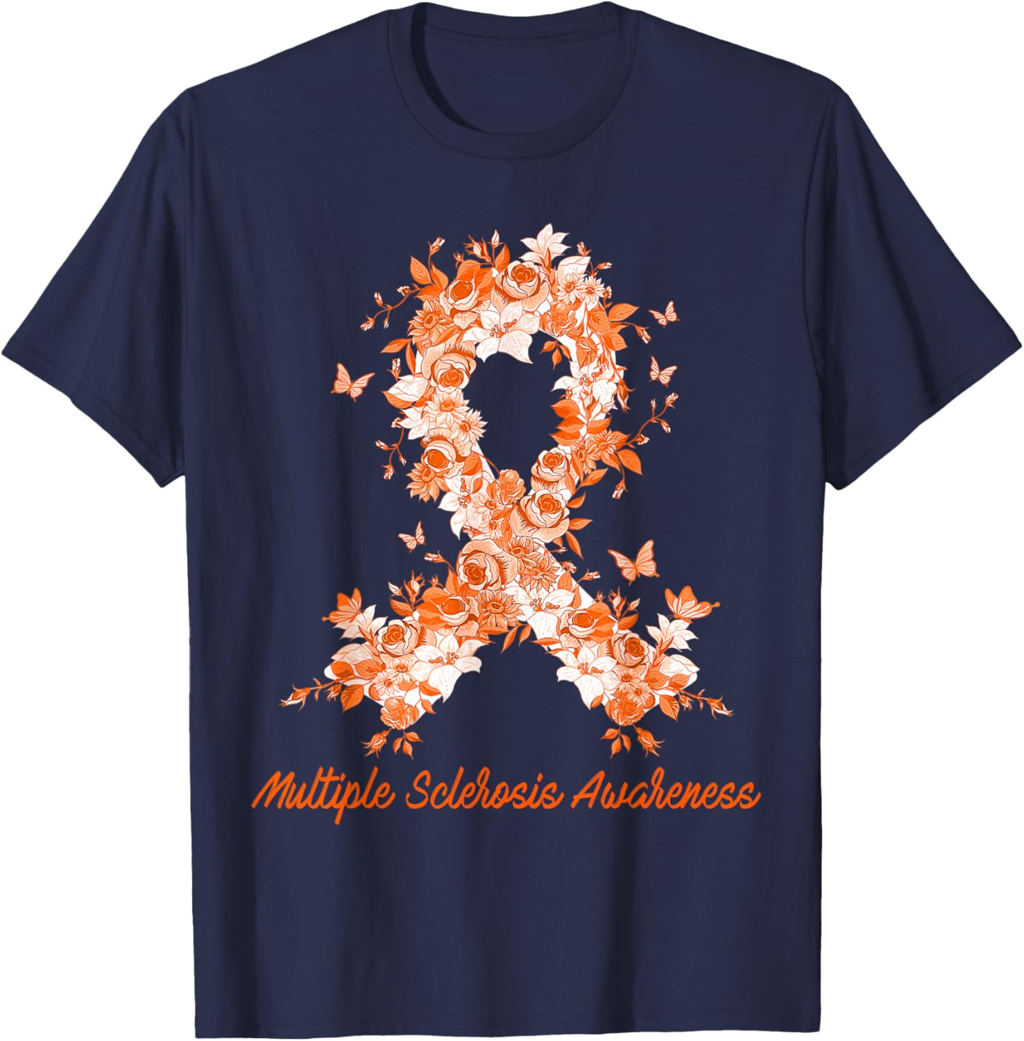 Multiple Sclerosis Awareness Butterfly Floral Flowers Orange T-Shirt - T-Shirt | Navy