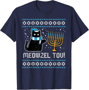 Meowzel Tov Black Cat Funny Hanukkah Chanukah Men Women Kids T-Shirt - T-Shirt | Navy