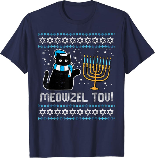 Meowzel Tov Black Cat Funny Hanukkah Chanukah Men Women Kids T-Shirt - T-Shirt | Navy
