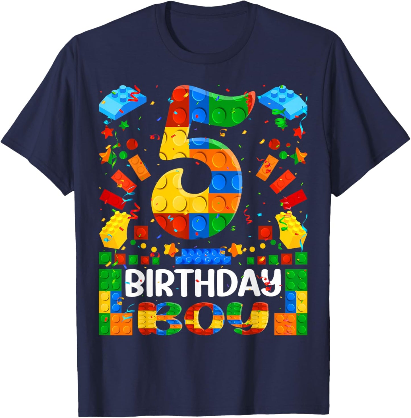 5 Year Old Building Blocks 5th Birthday Boy Brick Builder T-Shirt - T-Shirt | Navy