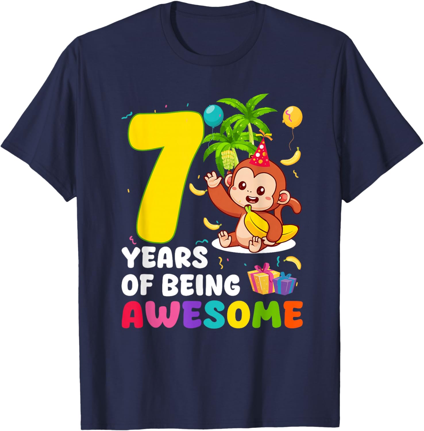 7th Birthday Monkey Themed Party 7 Years of Being Awesome T-Shirt - T-Shirt | Navy