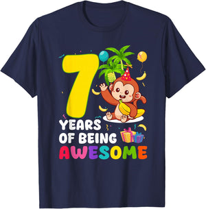7th Birthday Monkey Themed Party 7 Years of Being Awesome T-Shirt - T-Shirt | Navy