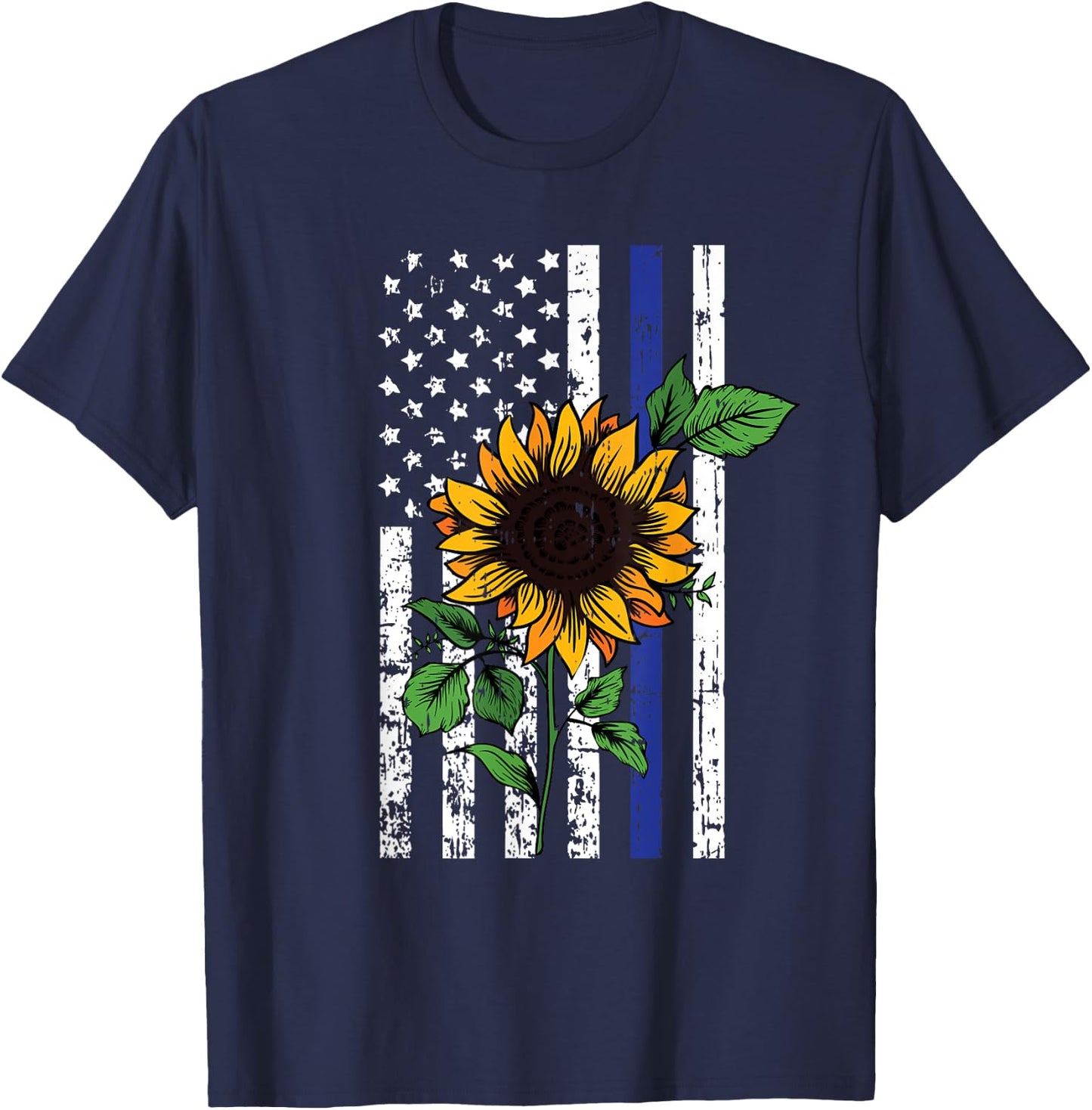 American Flag Sunflower Blue Thin Line Police Patriotic Gift T-Shirt - T-Shirt | Navy