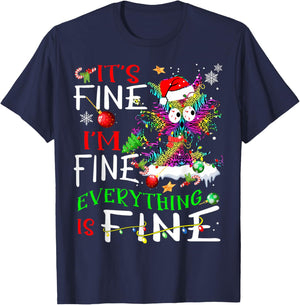 It's Fine I'm Fine Everything Is Fine Tie Dye Cat Xmas Light T-Shirt - T-Shirt | Navy