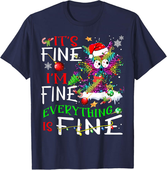 It's Fine I'm Fine Everything Is Fine Tie Dye Cat Xmas Light T-Shirt - T-Shirt | Navy