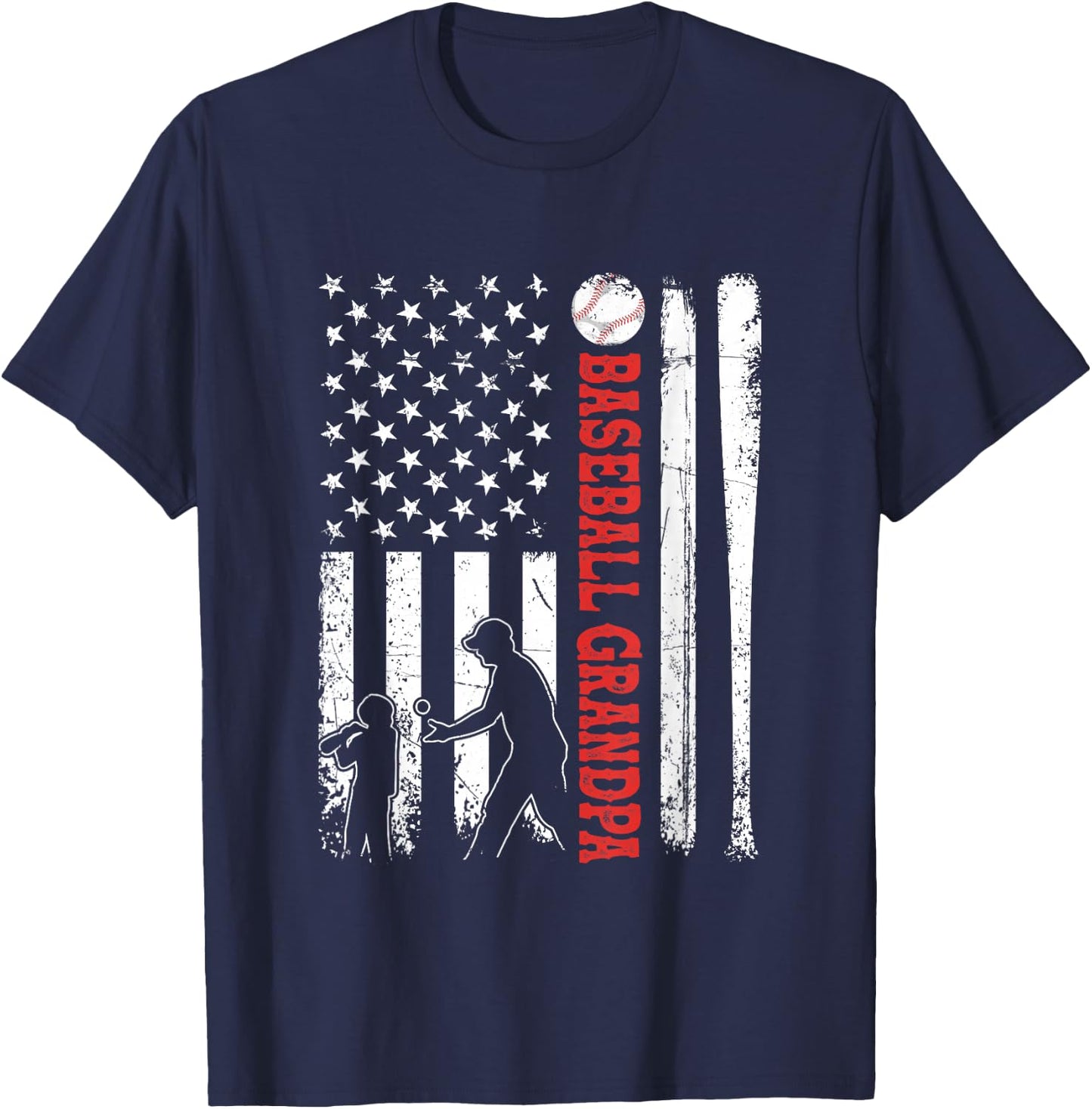 Distressed USA American Flag Baseball Grandpa Father's Day Women Kids Men T-Shirt - T-Shirt | Navy