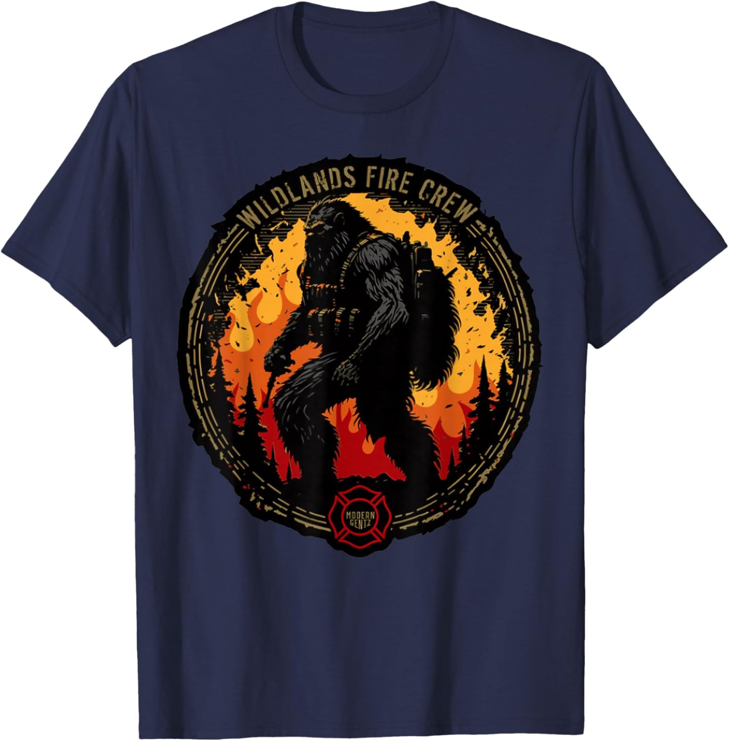 Retro Bigfoot Wildland Firefighter Sasquatch Fireman Gifts T-Shirt - T-Shirt | Navy