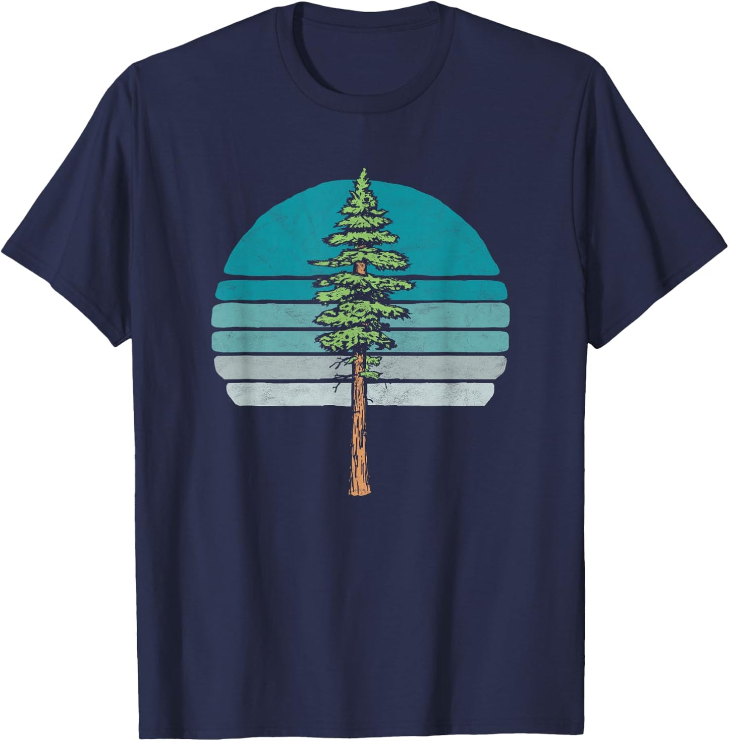 Redwood Tree & Retro Blue Sunset 80s Outdoor Graphic T-Shirt - T-Shirt | Navy