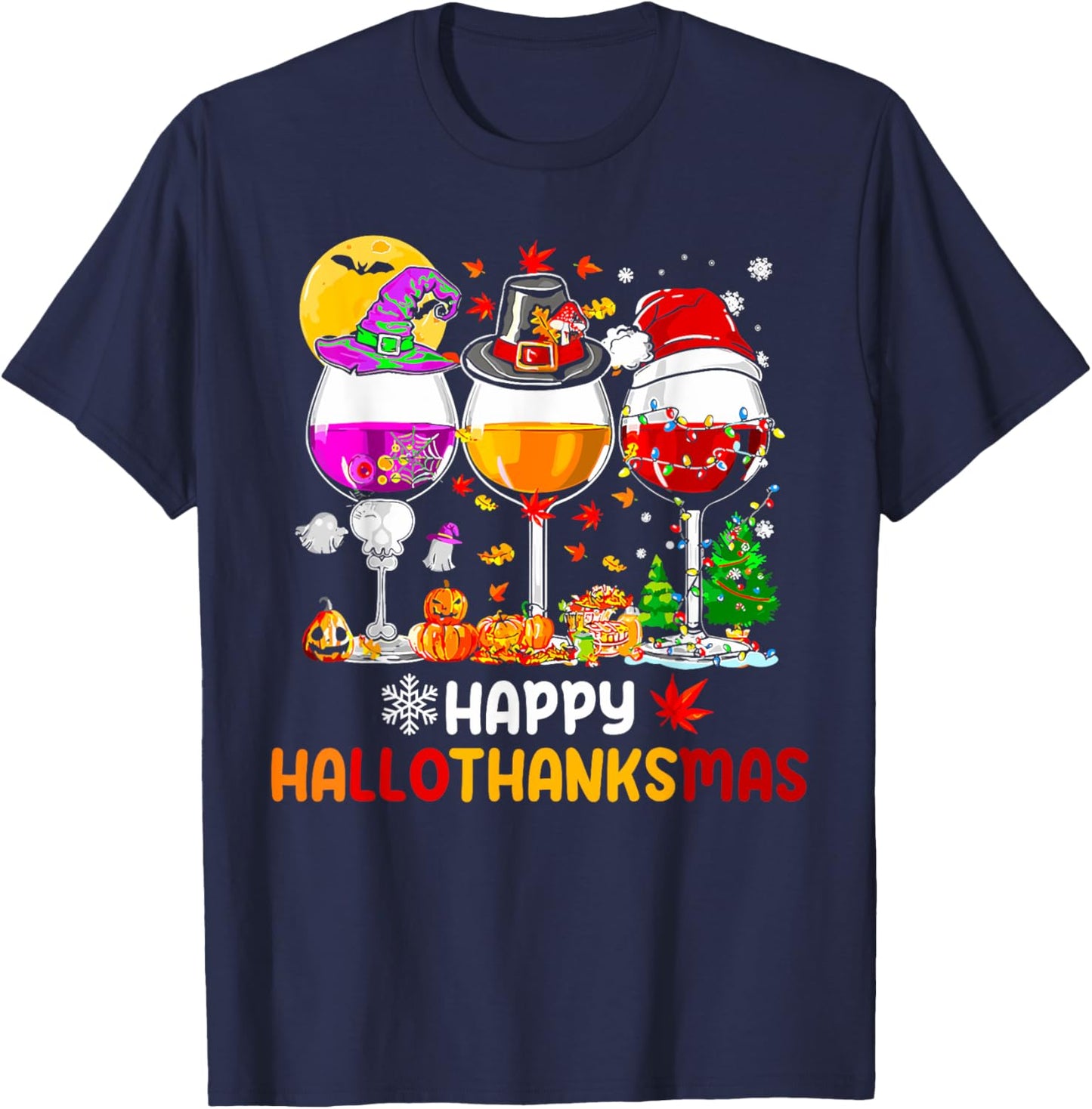 Happy Hallothanksmas Halloween Thanksgiving Christmas Fall T-Shirt - T-Shirt | Navy