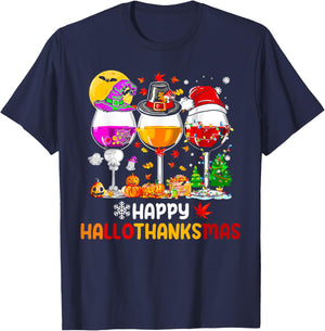Happy Hallothanksmas Halloween Thanksgiving Christmas Fall T-Shirt - T-Shirt | Navy