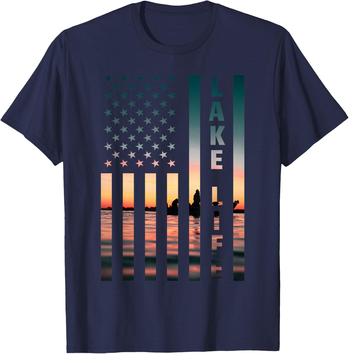 Lake Life Fisherman Sunset American Flag Bass Fishing Boat T-Shirt - T-Shirt | Navy