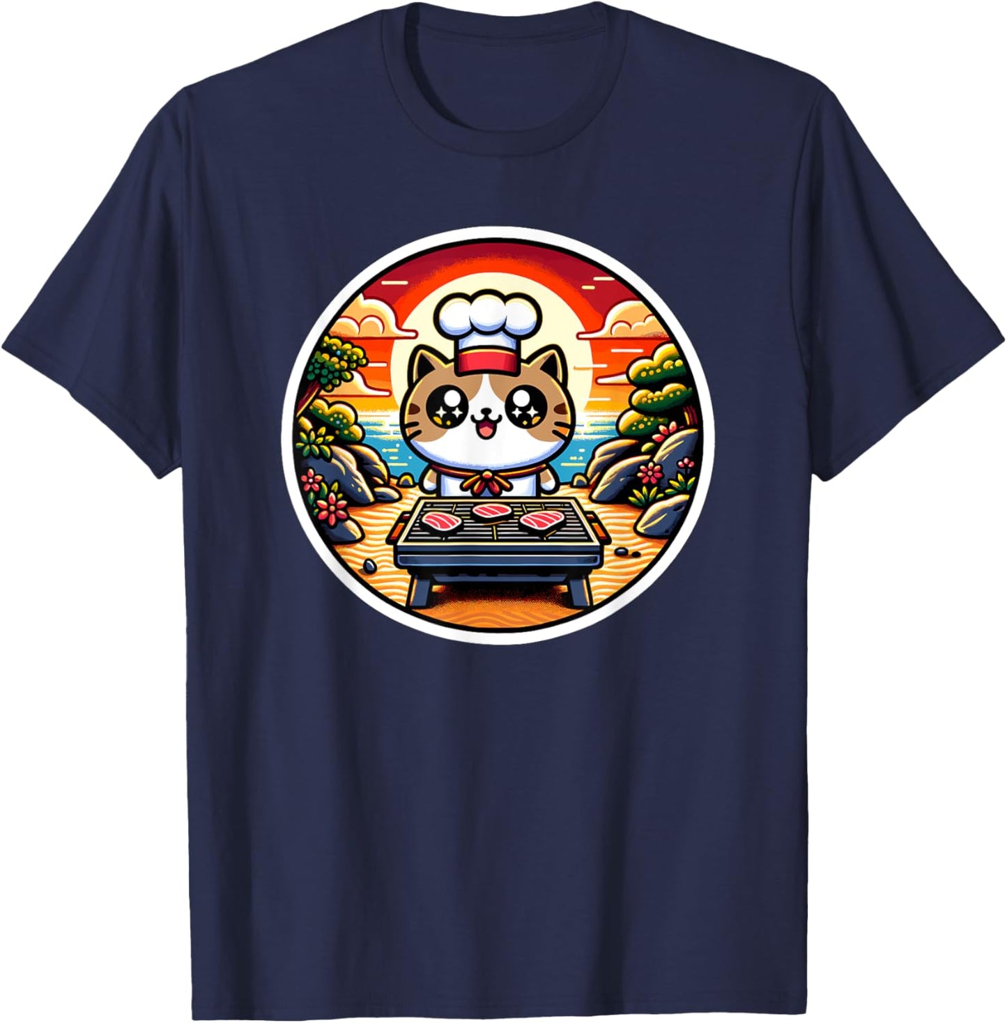 Hibachi Cat Chef, Hibachi Kids, Kawaii Cat Making Hibachi T-Shirt - T-Shirt | Navy