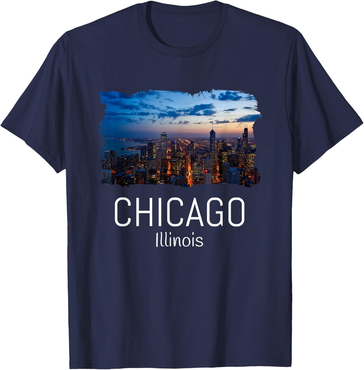 Chicago Skyline At Night Cool Souvenir Chicago Illinois T-Shirt - T-Shirt | Navy