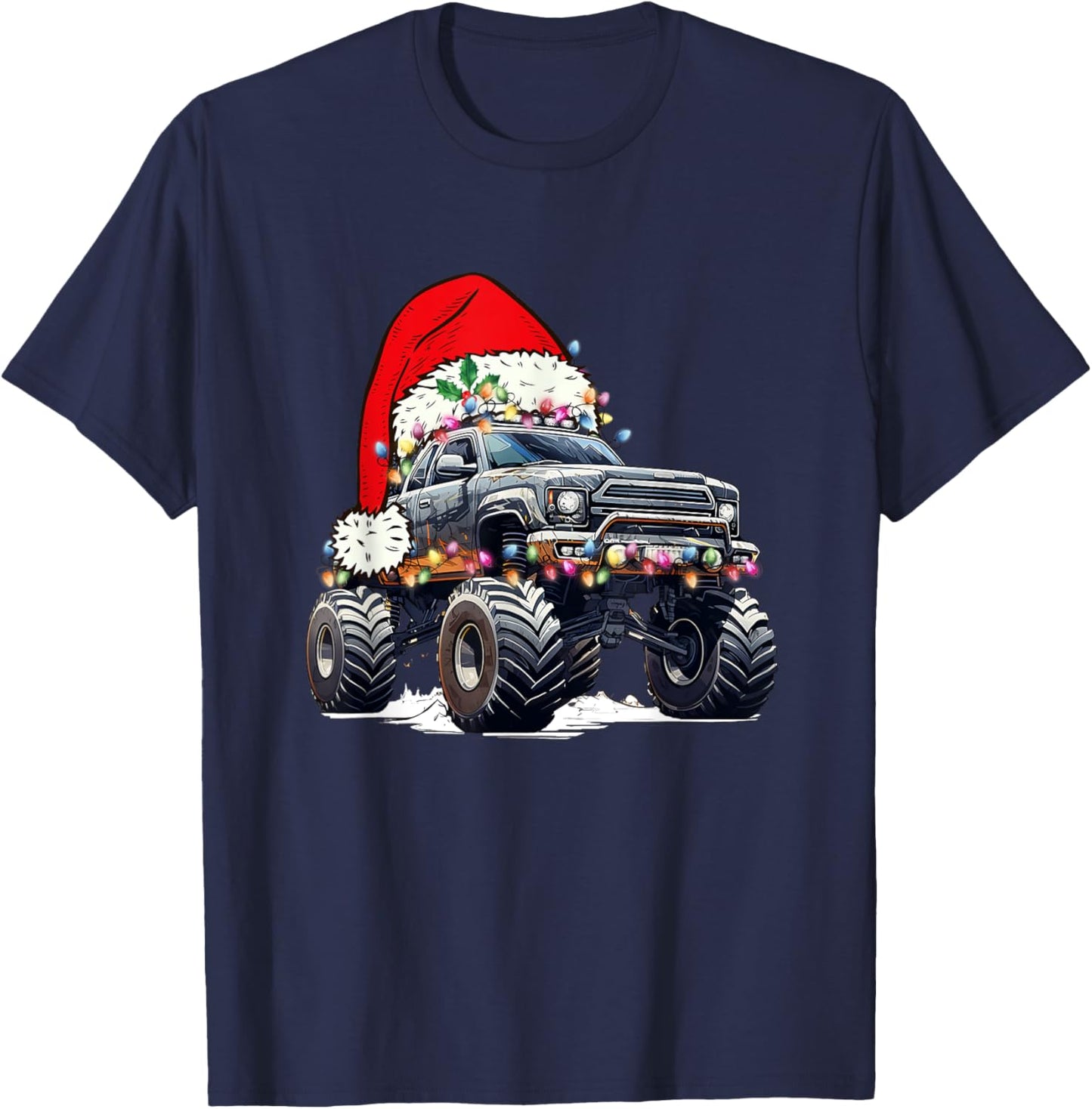 Monster Truck Christmas Tree Ornament Santa Hat Lights Xmas T-Shirt - T-Shirt | Navy