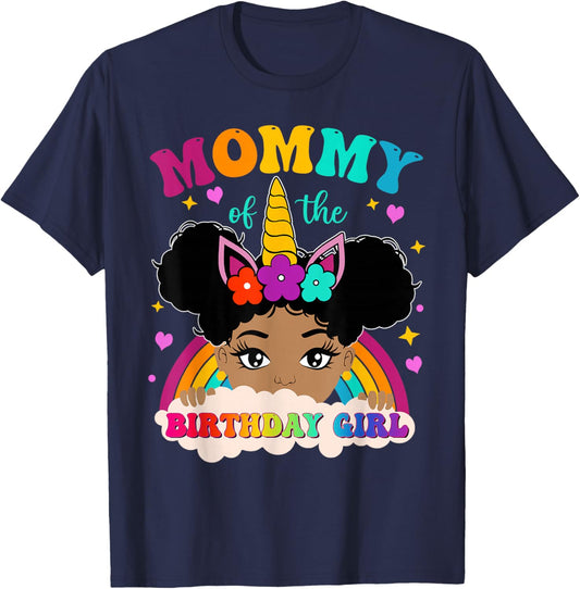 Mommy of The Birthday Girl Rainbow Afro Melanin Unicorn T-Shirt - T-Shirt | Navy