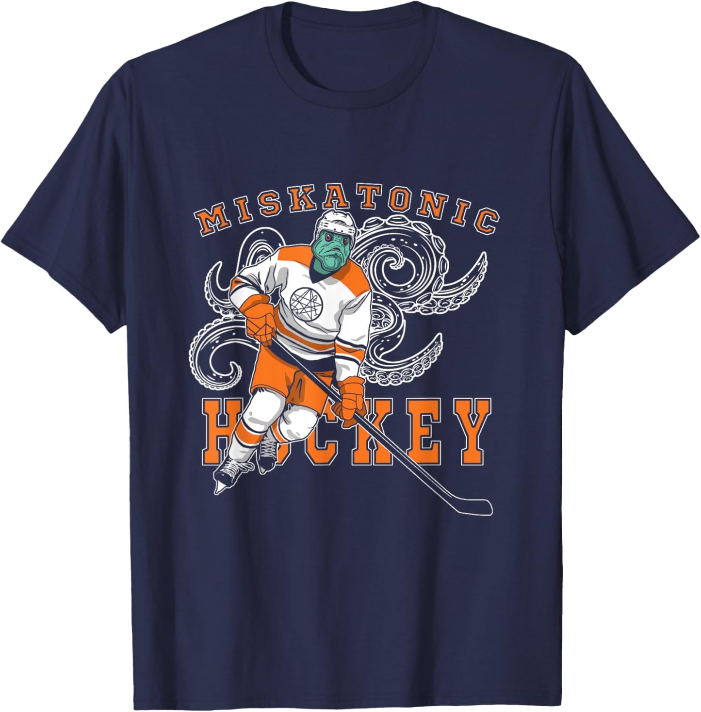Miskatonic Hockey Sports Orange Horror Graphic On Dark T-Shirt - T-Shirt | Navy