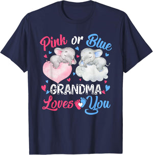 Pink or Blue Grandma Loves You Shirt Elephant Gender Reveal T-Shirt - T-Shirt | Navy