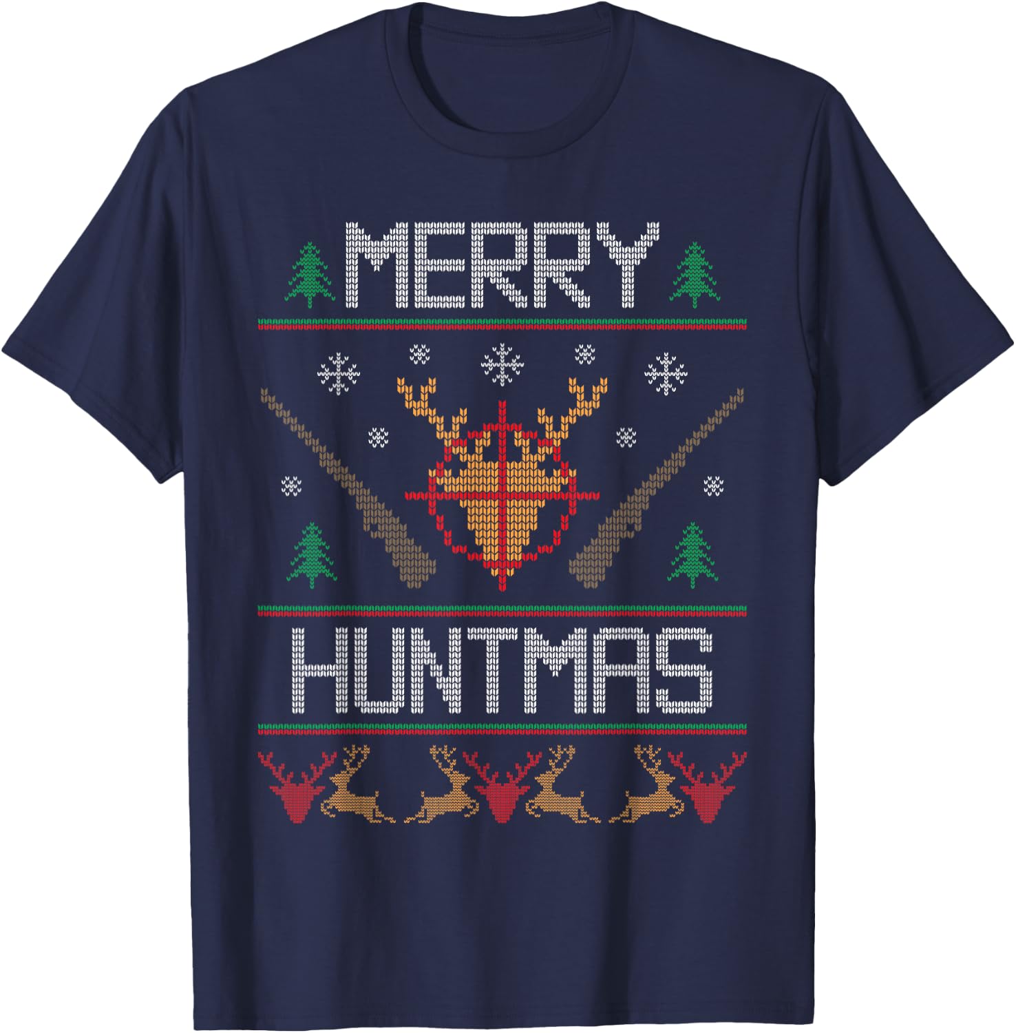 Merry Huntmas Hunting Ugly Christmas Sweater for Deer Hunter T-Shirt - T-Shirt | Navy