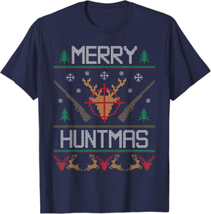 Merry Huntmas Hunting Ugly Christmas Sweater for Deer Hunter T-Shirt - T-Shirt | Navy