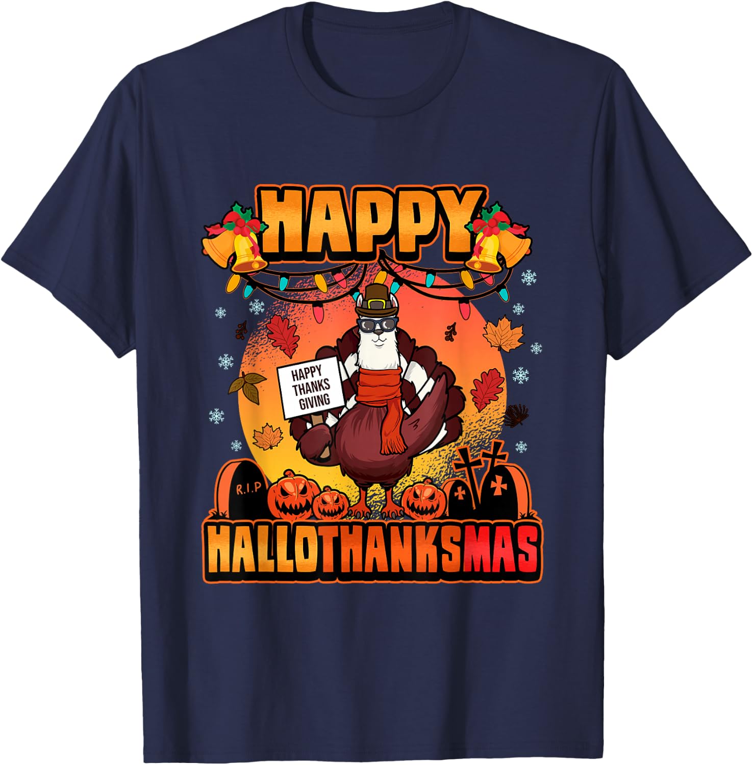 Halloween Christmas Happy Hallothanksmas Llama Turkey T-Shirt - T-Shirt | Navy