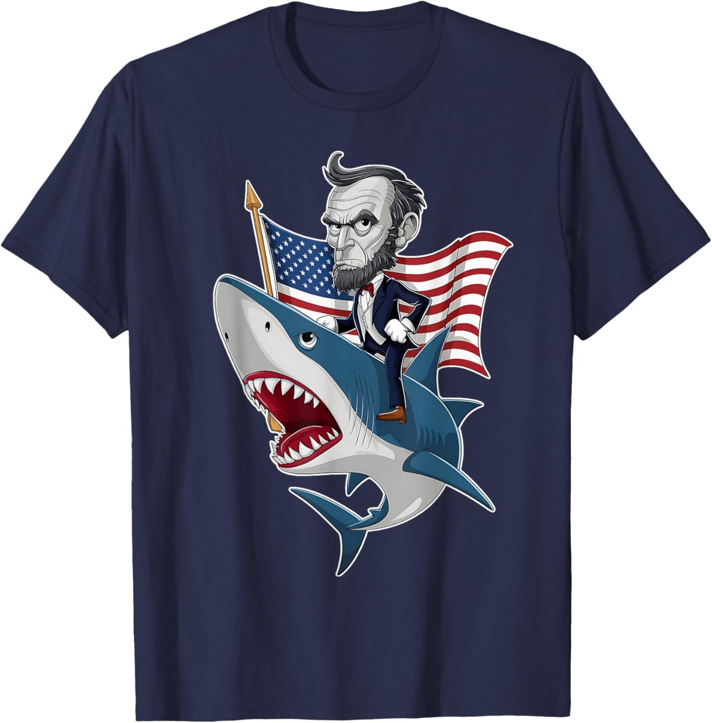 Abraham Lincoln Riding A Shark 4th Of July Patriotic Graphic T-Shirt - T-Shirt | Navy