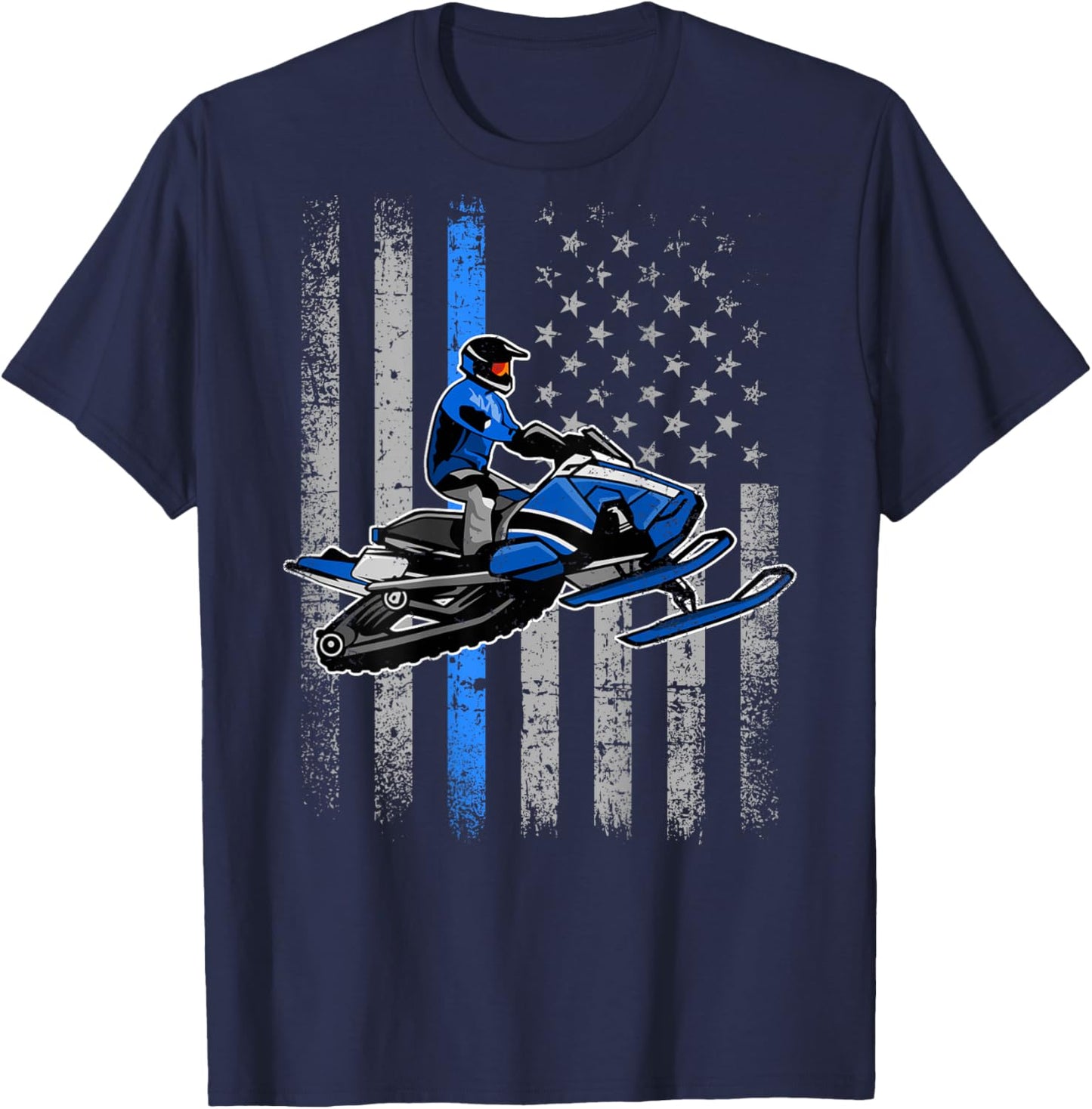 Snowmobile Riding Winter Snow USA American Flag Vintage T-Shirt - T-Shirt | Navy
